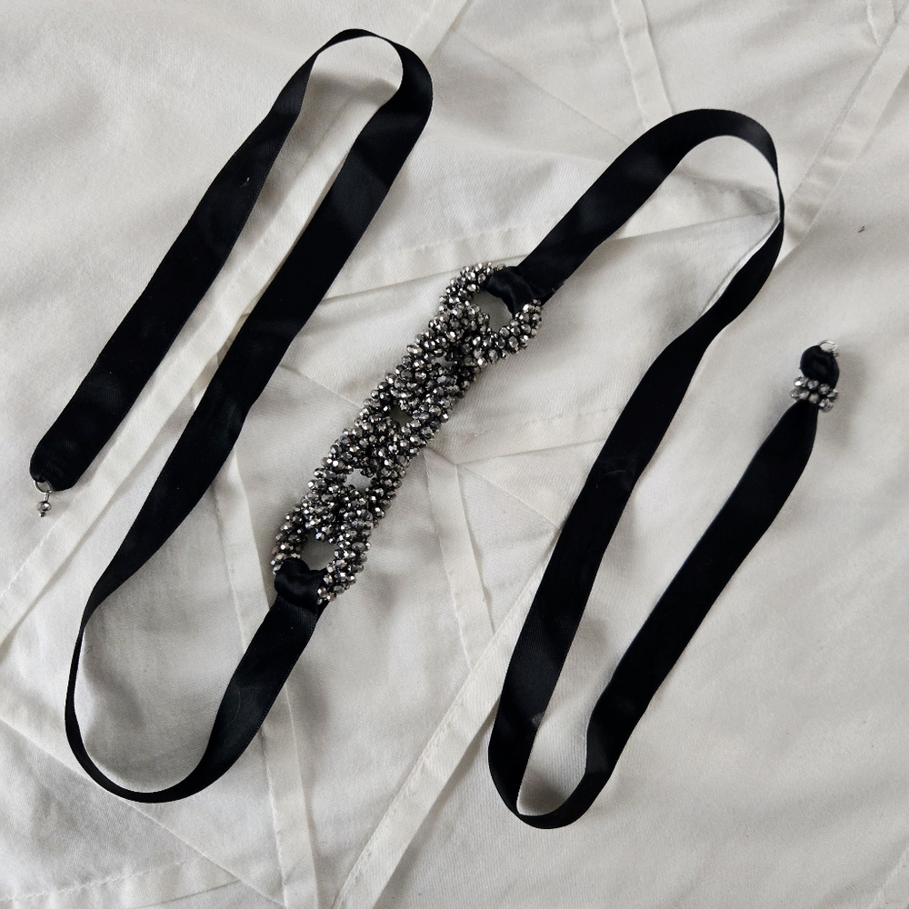 Vintage Black & Silver Sparkly Beaded Ribbon Belt